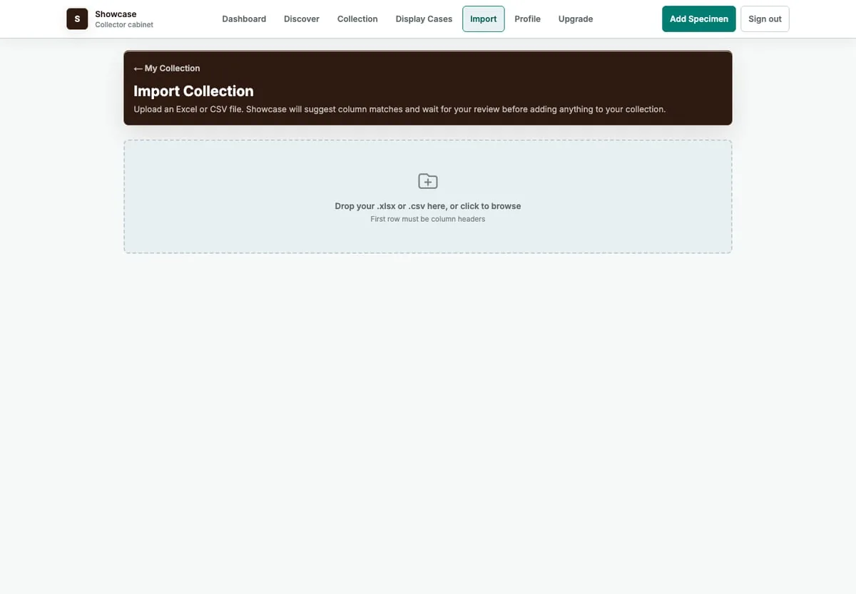 Showcase Import Collection screen with spreadsheet upload.