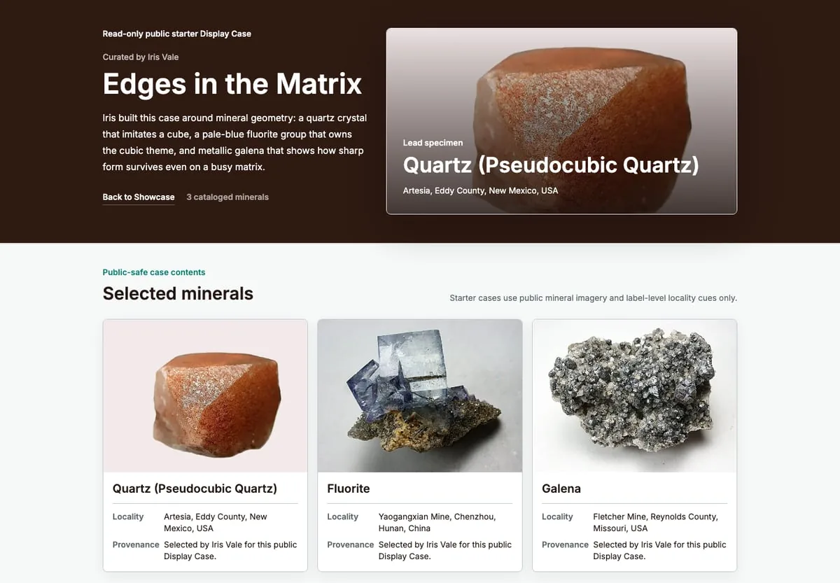 Public Display Case screenshot with selected minerals.